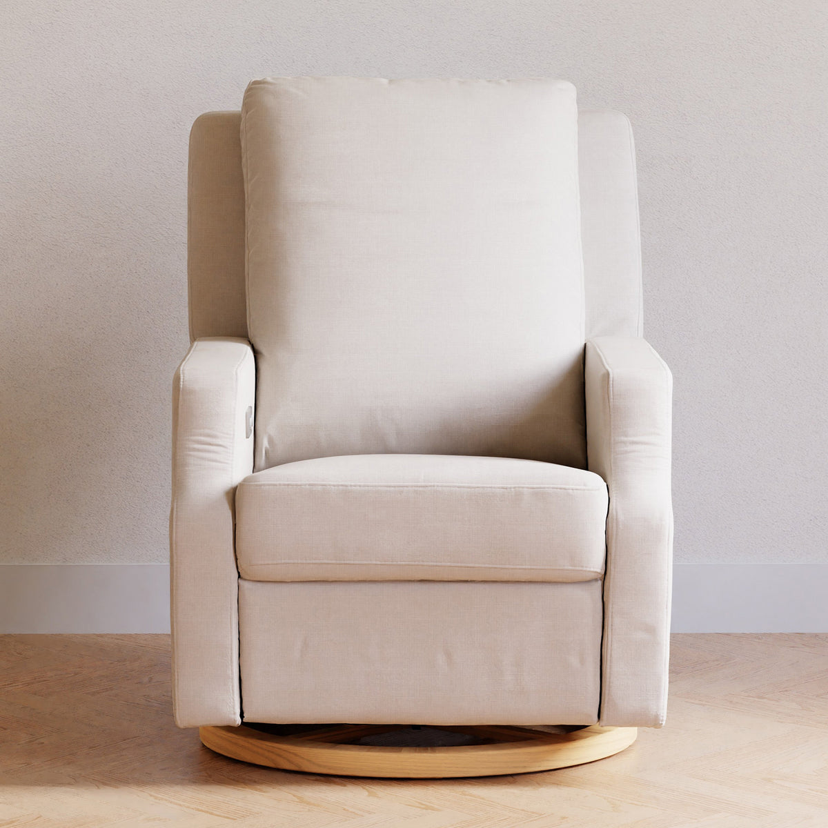 M22286PCMEWLB,Namesake,Crewe Electronic Swivel Glider Recliner in Performance Cream Eco-Weave w/Light Wood Base